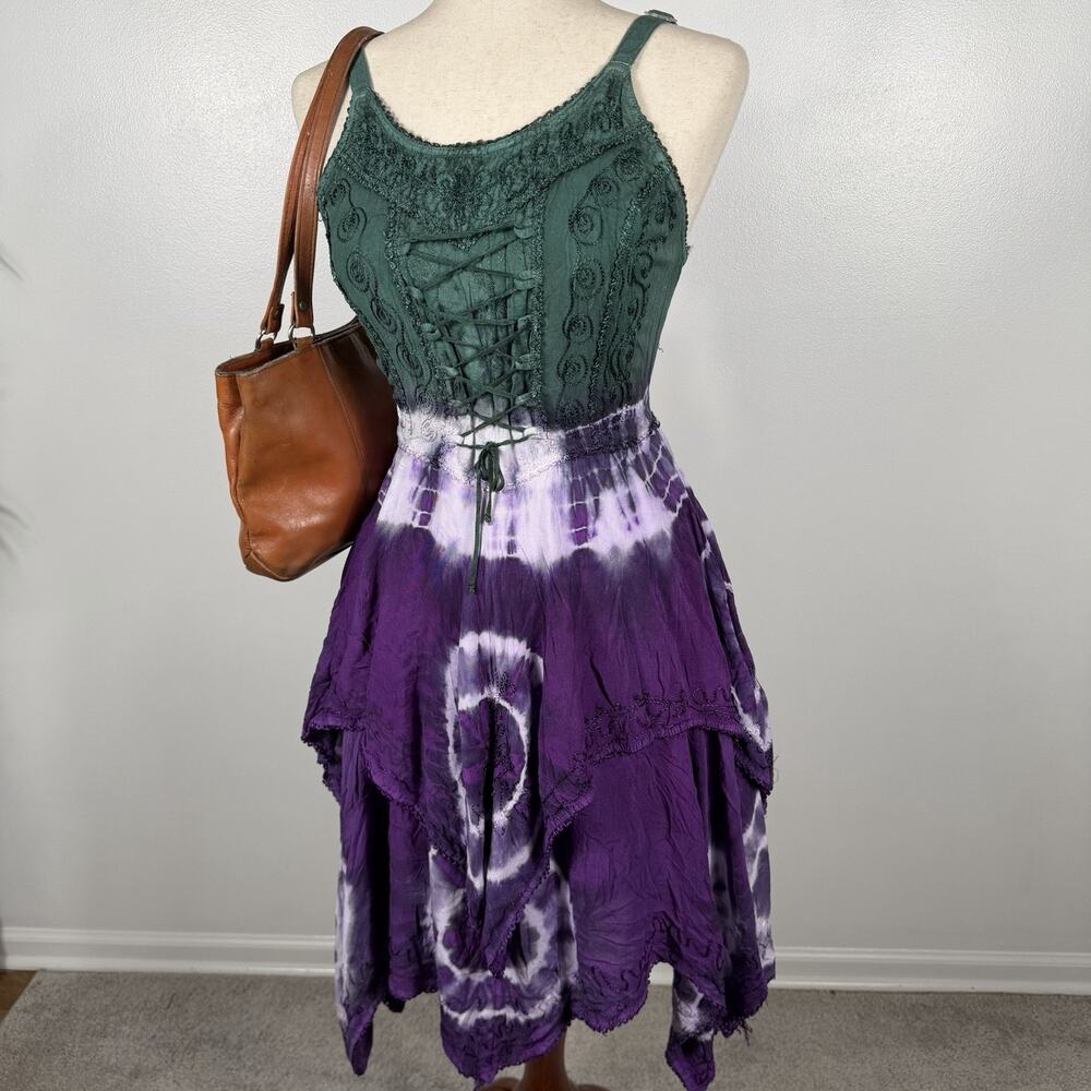 My Choice Tie Dye Corset Lace Up Handkerchief Dress Green Purple Fairy Boho